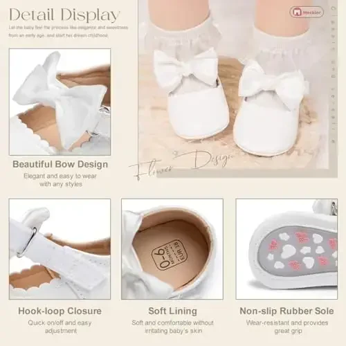 Meckior Infant Baby Girls Boys Handmade Princess Flats Toddler First Walkers Soft PU Leather Non-Slip Crib Wedding Dress Shoes - 5