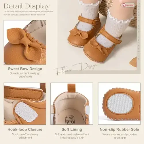 Meckior Infant Baby Girls Boys Handmade Princess Flats Toddler First Walkers Soft PU Leather Non-Slip Crib Wedding Dress Shoes - 5