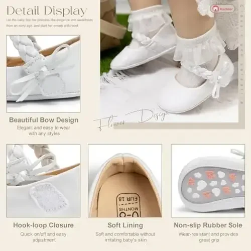 Meckior Infant Baby Girls Boys Qo'lda Yasalgan Princess Flats Toddler Birinchi Walkers Yumshoq PU Charm Sirpanmaydigan Krovat To'y Liboslari Poyafzallari - 5