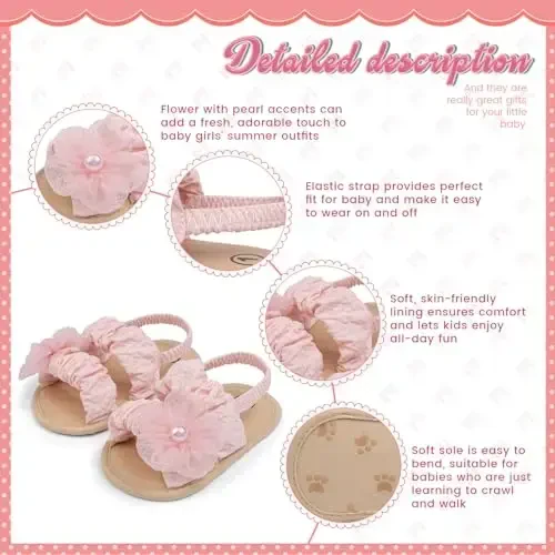 Meckior Infant Baby Girls Boys Summer Sandals Open Toe Lace Princess Dress Wedding Flats Shoes Newborn Toddler Soft Non-slip Sole First Walker Crib Shoes - 3