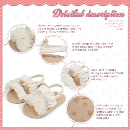 Meckior Infant Baby Girls Boys Summer Sandals Open Toe Lace Princess Dress Wedding Flats Shoes Newborn Toddler Soft Non-slip Sole First Walker Crib Shoes - 3