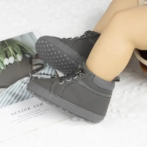 Meckior Toddler Baby Boys Girls High Tops Ankle Sneakers Soft Anti-Slip Sole PU Leather Moccasins Infant Newborn Prewalker First Walking Crib Shoes - 3