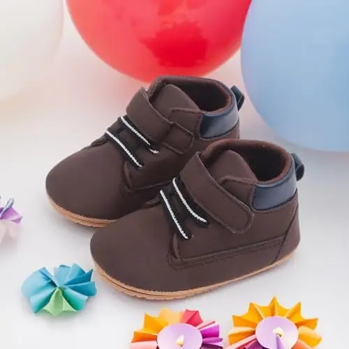 Meckior Toddler Baby Boys Girls High Tops Ankle Sneakers Soft Anti-Slip Sole PU Leather Moccasins Infant Newborn Prewalker First Walking Crib Shoes - 6