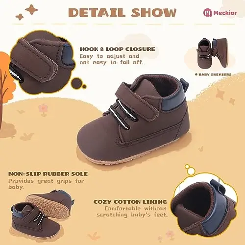 Meckior Toddler Baby Boys Girls High Tops Ankle Sneakers Soft Anti-Slip Sole PU Leather Moccasins Infant Newborn Prewalker First Walking Crib Shoes - 4