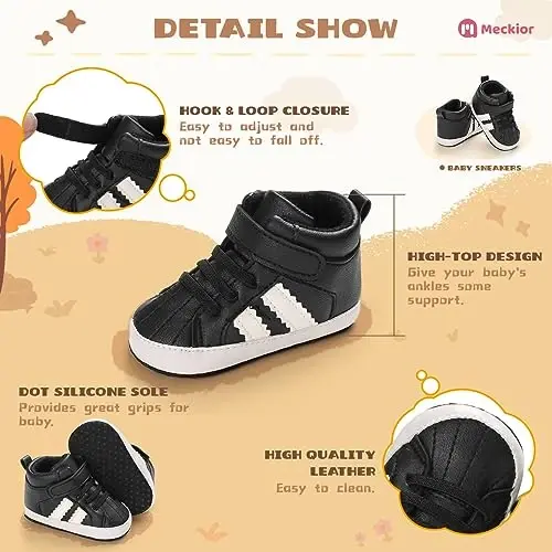 Meckior Toddler Baby Boys Girls High Tops Ankle Sneakers Soft Anti-Slip Sole PU Leather Moccasins Infant Newborn Prewalker First Walking Crib Shoes - 5