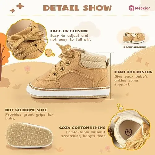 Meckior Toddler Baby Boys Girls High Tops Ankle Sneakers Soft Anti-Slip Sole PU Leather Moccasins Infant Newborn Prewalker First Walking Crib Shoes - 5