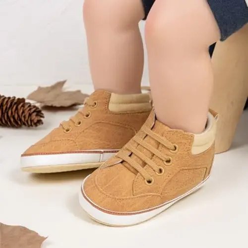 Meckior Toddler Baby Boys Girls High Tops Ankle Sneakers Soft Anti-Slip Sole PU Leather Moccasins Infant Newborn Prewalker First Walking Crib Shoes - 2