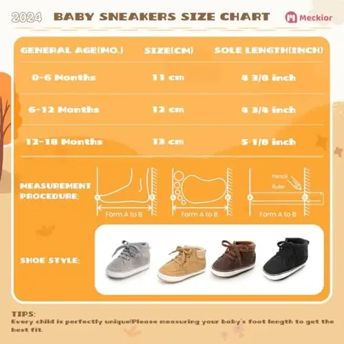 Meckior Toddler Baby Boys Girls High Tops Ankle Sneakers Soft Anti-Slip Sole PU Leather Moccasins Infant Newborn Prewalker First Walking Crib Shoes - 6