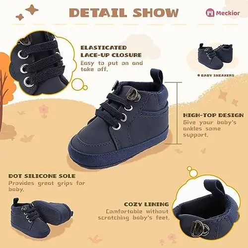 Meckior Toddler Baby Boys Girls High Tops Ankle Sneakers Soft Anti-Slip Sole PU Leather Moccasins Infant Newborn Prewalker First Walking Crib Shoes - 3