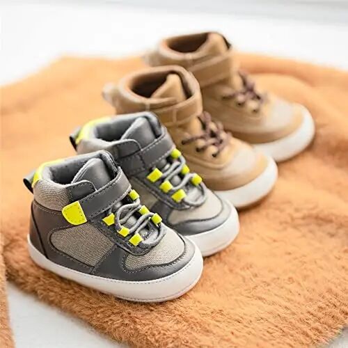 Meckior Toddler Baby Boys Girls High Tops Ankle Sneakers Soft Anti-Slip Sole PU Leather Moccasins Infant Newborn Prewalker First Walking Crib Shoes - 3