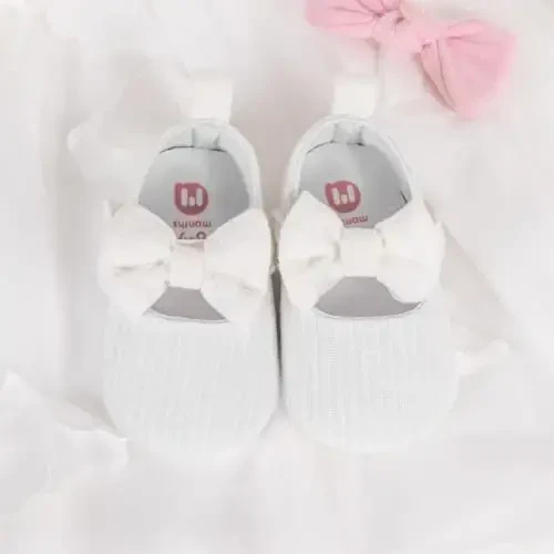 Meckior Newborn Baby Girls Dress Shoes Infant Bowknot Soft Sole Mary Jane Moccasins Baptism Christening Crib Shoes Wedding Princess Flats - 4