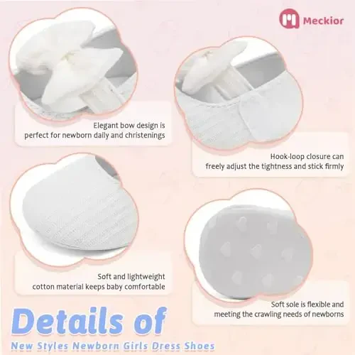 Meckior Newborn Baby Girls Dress Shoes Infant Bowknot Soft Sole Mary Jane Moccasins Baptism Christening Crib Shoes Wedding Princess Flats - 5