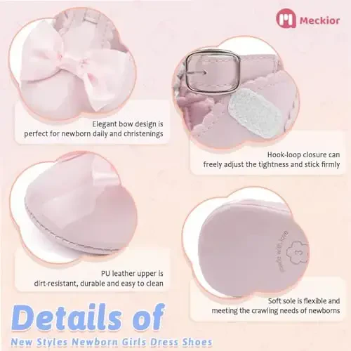 Meckior Newborn Baby Girls Dress Shoes Infant Bowknot Soft Sole Mary Jane Moccasins Baptism Christening Crib Shoes Wedding Princess Flats - 5