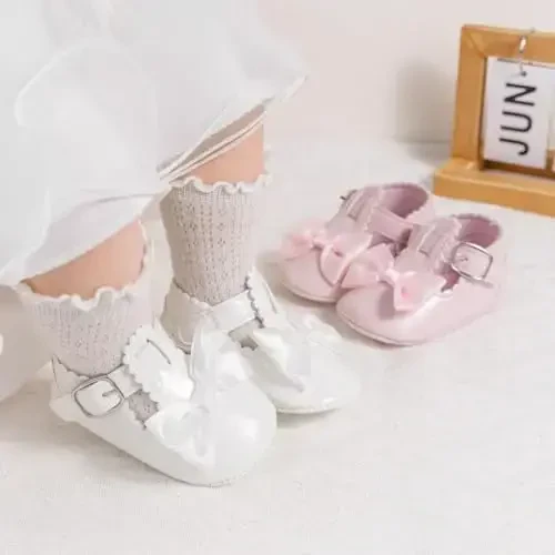 Meckior Newborn Baby Girls Dress Shoes Infant Bowknot Soft Sole Mary Jane Moccasins Baptism Christening Crib Shoes Wedding Princess Flats - MODAZONE (1)
