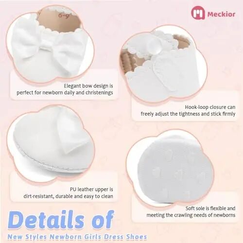 Meckior Newborn Baby Girls Dress Shoes Infant Bowknot Soft Sole Mary Jane Moccasins Baptism Christening Crib Shoes Wedding Princess Flats - 5