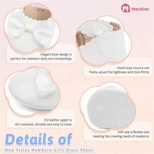 Meckior Newborn Baby Girls Dress Shoes Infant Bowknot Soft Sole Mary Jane Moccasins Baptism Christening Crib Shoes Wedding Princess Flats - 5