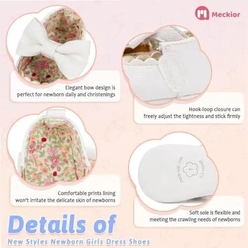 Meckior Newborn Baby Girls Dress Shoes Infant Bowknot Soft Sole Mary Jane Moccasins Baptism Christening Crib Shoes Wedding Princess Flats - 5