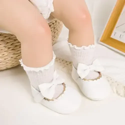 Meckior Newborn Baby Girls Dress Shoes Infant Bowknot Soft Sole Mary Jane Moccasins Baptism Christening Crib Shoes Wedding Princess Flats - 3
