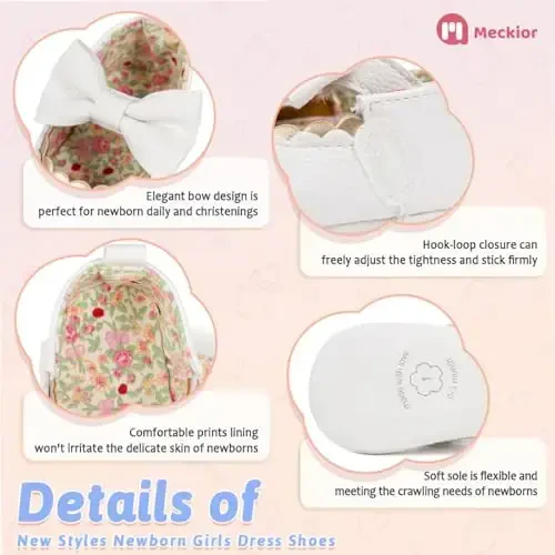 Meckior Newborn Baby Girls Dress Shoes Infant Bowknot Soft Sole Mary Jane Moccasins Baptism Christening Crib Shoes Wedding Princess Flats - 5