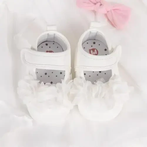Meckior Newborn Baby Girls Dress Shoes Infant Bowknot Soft Sole Mary Jane Moccasins Baptism Christening Crib Shoes Wedding Princess Flats - 4