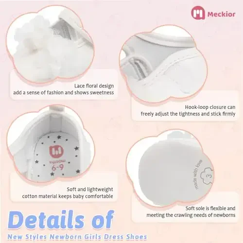 Meckior Newborn Baby Girls Dress Shoes Infant Bowknot Soft Sole Mary Jane Moccasins Baptism Christening Crib Shoes Wedding Princess Flats - 5