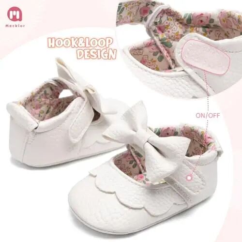 Meckior Newborn Baby Girls Dress Shoes Infant Bowknot Soft Sole Mary Jane Moccasins Baptism Christening Crib Shoes Wedding Princess Flats 