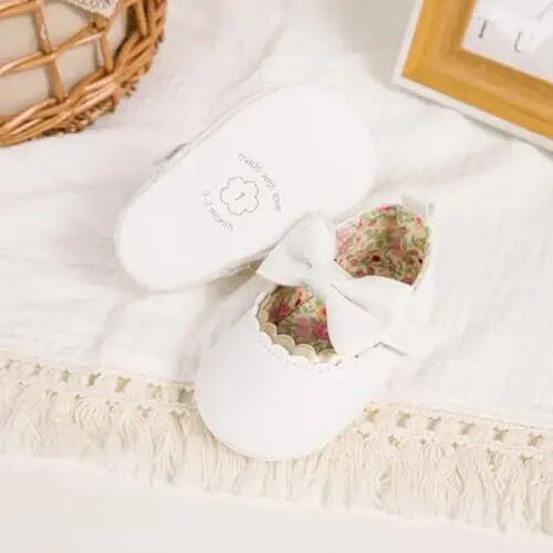 Meckior Newborn Baby Girls Dress Shoes Infant Bowknot Soft Sole Mary Jane Moccasins Baptism Christening Crib Shoes Wedding Princess Flats - 4