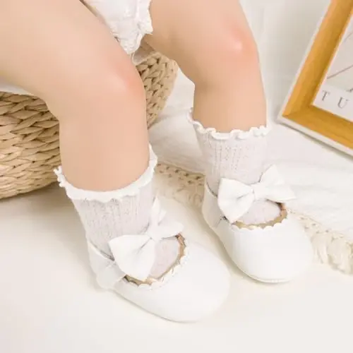 Meckior Newborn Baby Girls Dress Shoes Infant Bowknot Soft Sole Mary Jane Moccasins Baptism Christening Crib Shoes Wedding Princess Flats - 3