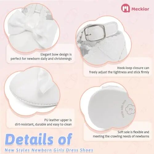 Meckior Newborn Baby Girls Dress Shoes Infant Bowknot Soft Sole Mary Jane Moccasins Baptism Christening Crib Shoes Wedding Princess Flats - 5