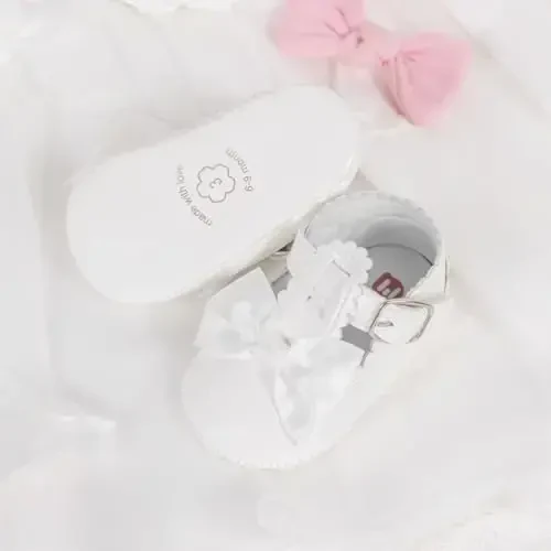 Meckior Newborn Baby Girls Dress Shoes Infant Bowknot Soft Sole Mary Jane Moccasins Baptism Christening Crib Shoes Wedding Princess Flats - 3