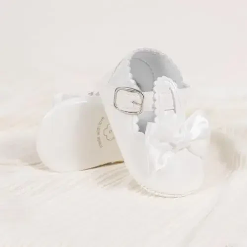 Meckior Newborn Baby Girls Dress Shoes Infant Bowknot Soft Sole Mary Jane Moccasins Baptism Christening Crib Shoes Wedding Princess Flats - 6