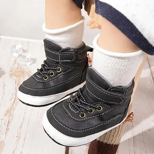 Meckior Toddler Baby Boys Girls High Tops Ankle Sneakers Soft Anti-Slip Sole PU Leather Moccasins Infant Newborn Prewalker First Walking Crib Shoes - 3