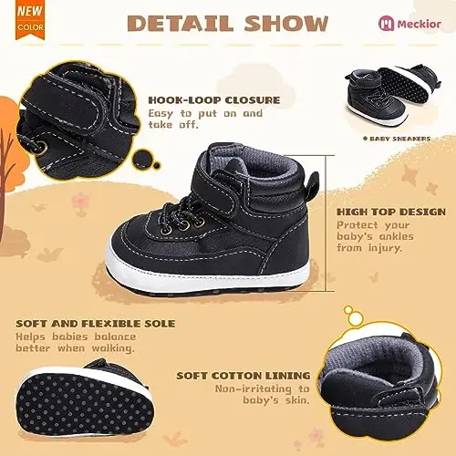 Meckior Toddler Baby Boys Girls High Tops Ankle Sneakers Soft Anti-Slip Sole PU Leather Moccasins Infant Newborn Prewalker First Walking Crib Shoes - 5