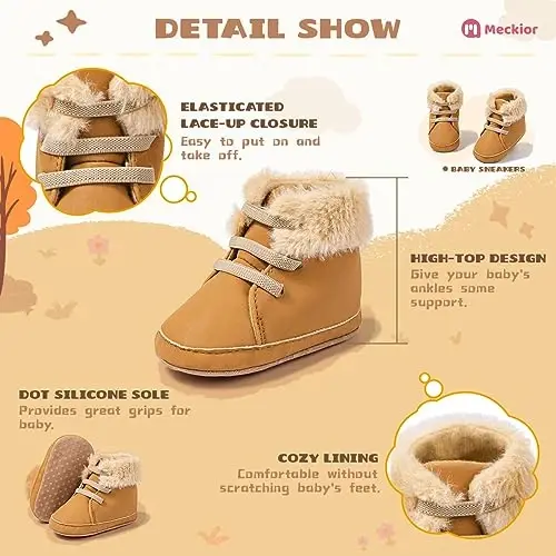 Meckior Toddler Baby Boys Girls High Tops Ankle Sneakers Soft Anti-Slip Sole PU Leather Moccasins Infant Newborn Prewalker First Walking Crib Shoes - 4