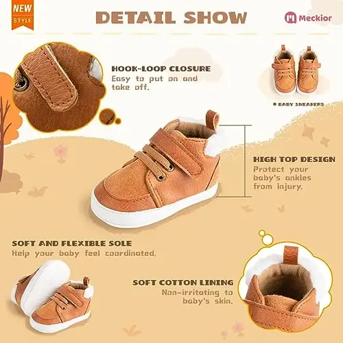 Meckior Toddler Baby Boys Girls High Tops Ankle Sneakers Soft Anti-Slip Sole PU Leather Moccasins Infant Newborn Prewalker First Walking Crib Shoes - 5
