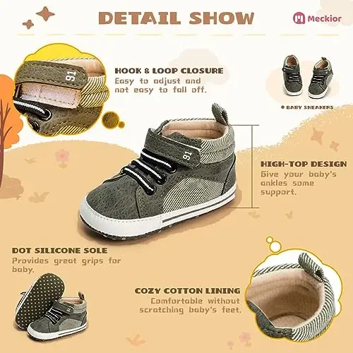 Meckior Toddler Baby Boys Girls High Tops Ankle Sneakers Soft Anti-Slip Sole PU Leather Moccasins Infant Newborn Prewalker First Walking Crib Shoes - 5
