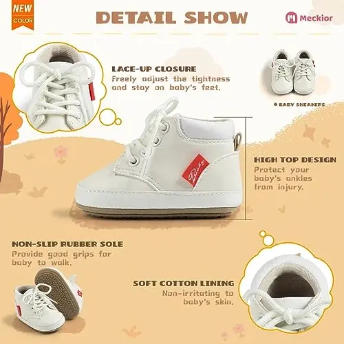 Meckior Toddler Baby Boys Girls High Tops Ankle Sneakers Soft Anti-Slip Sole PU Leather Moccasins Infant Newborn Prewalker First Walking Crib Shoes - 5