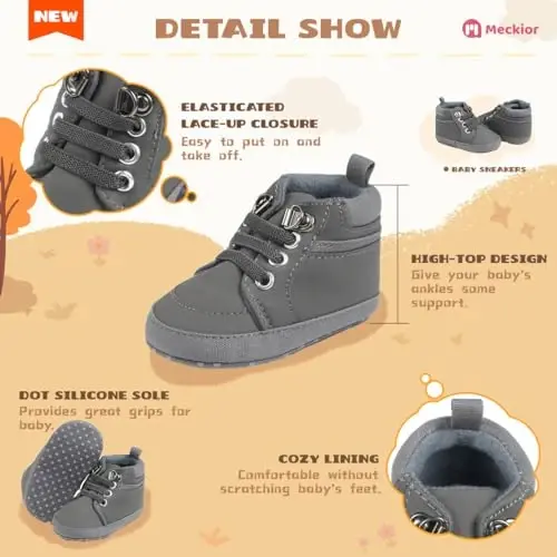 Meckior Toddler Baby Boys Girls High Tops Ankle Sneakers Soft Anti-Slip Sole PU Leather Moccasins Infant Newborn Prewalker First Walking Crib Shoes - 5