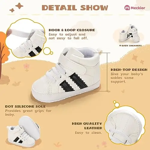 Meckior Toddler Baby Boys Girls High Tops Ankle Sneakers Soft Anti-Slip Sole PU Leather Moccasins Infant Newborn Prewalker First Walking Crib Shoes - 5