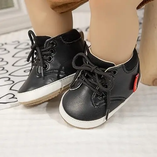 Meckior Toddler Baby Boys Girls High Tops Ankle Sneakers Soft Anti-Slip Sole PU Leather Moccasins Infant Newborn Prewalker First Walking Crib Shoes - 3