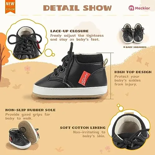 Meckior Toddler Baby Boys Girls High Tops Ankle Sneakers Soft Anti-Slip Sole PU Leather Moccasins Infant Newborn Prewalker First Walking Crib Shoes - 5