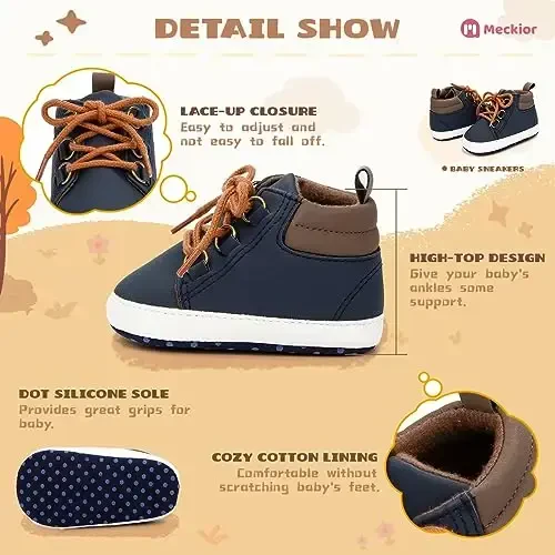 Meckior Toddler Baby Boys Girls High Tops Ankle Sneakers Soft Anti-Slip Sole PU Leather Moccasins Infant Newborn Prewalker First Walking Crib Shoes - 5