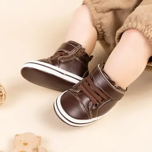 Meckior Toddler Baby Boys Girls High Tops Ankle Sneakers Soft Anti-Slip Sole PU Leather Moccasins Infant Newborn Prewalker First Walking Crib Shoes - 3