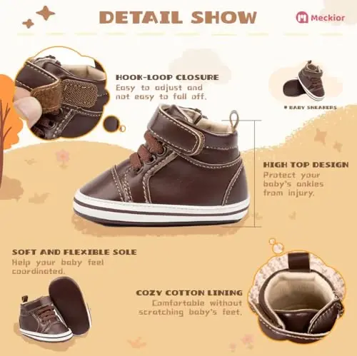 Meckior Toddler Baby Boys Girls High Tops Ankle Sneakers Soft Anti-Slip Sole PU Leather Moccasins Infant Newborn Prewalker First Walking Crib Shoes - 5