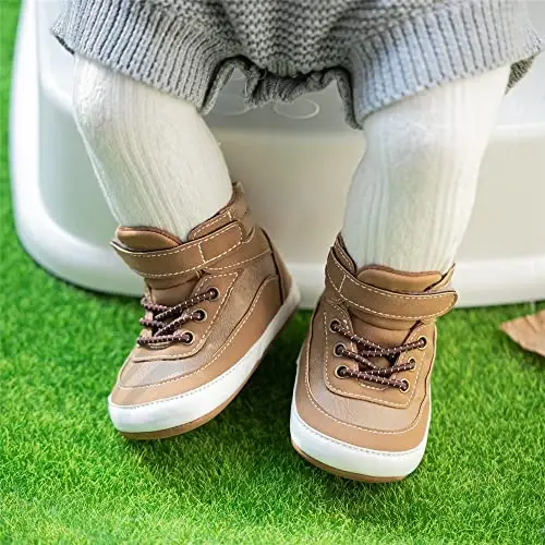 Meckior Toddler Baby Boys Girls High Tops Ankle Sneakers Soft Anti-Slip Sole PU Leather Moccasins Infant Newborn Prewalker First Walking Crib Shoes - 3