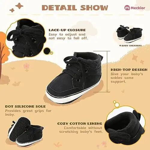Meckior Toddler Baby Boys Girls High Tops Ankle Sneakers Soft Anti-Slip Sole PU Leather Moccasins Infant Newborn Prewalker First Walking Crib Shoes - 5