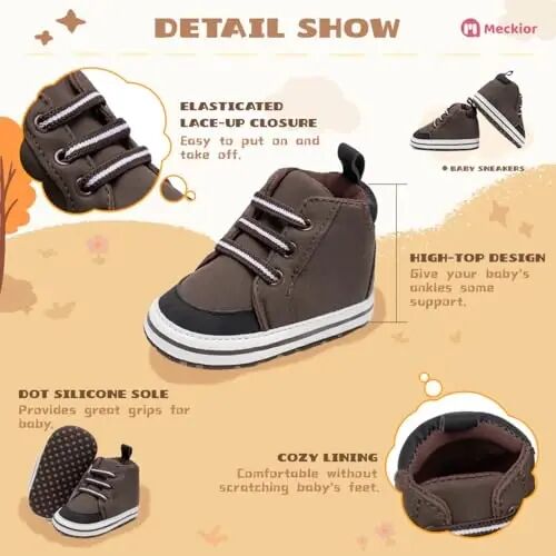 Meckior Toddler Baby Boys Girls High Tops Ankle Sneakers Soft Anti-Slip Sole PU Leather Moccasins Infant Newborn Prewalker First Walking Crib Shoes - 5