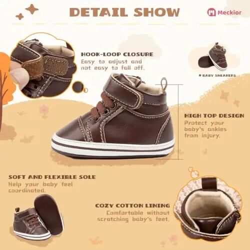 Meckior Toddler Baby Boys Girls High Tops Ankle Sneakers Soft Anti-Slip Sole PU Leather Moccasins Infant Newborn Prewalker First Walking Crib Shoes - 5