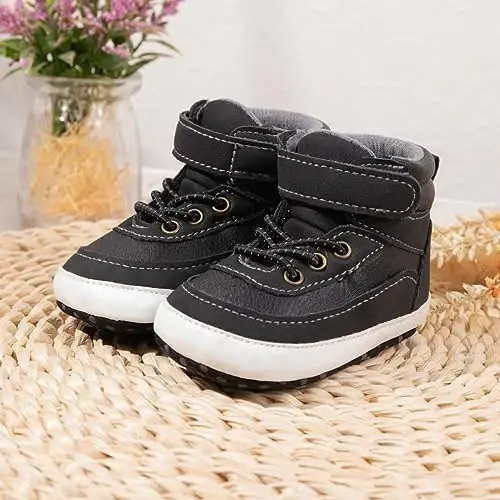 Meckior Toddler Baby Boys Girls High Tops To'piq oyoq kiyimlari Yumshoq sirpanishga qarshi taglik PU Charm mokasinlar Chaqaloq yangi tug'ilgan Prewalker Birinchi yurish karavot poyafzallari - 2