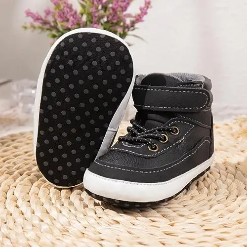 Meckior Toddler Baby Boys Girls High Tops To'piq oyoq kiyimlari Yumshoq sirpanishga qarshi taglik PU Charm mokasinlar Chaqaloq yangi tug'ilgan Prewalker Birinchi yurish karavot poyafzallari - 4
